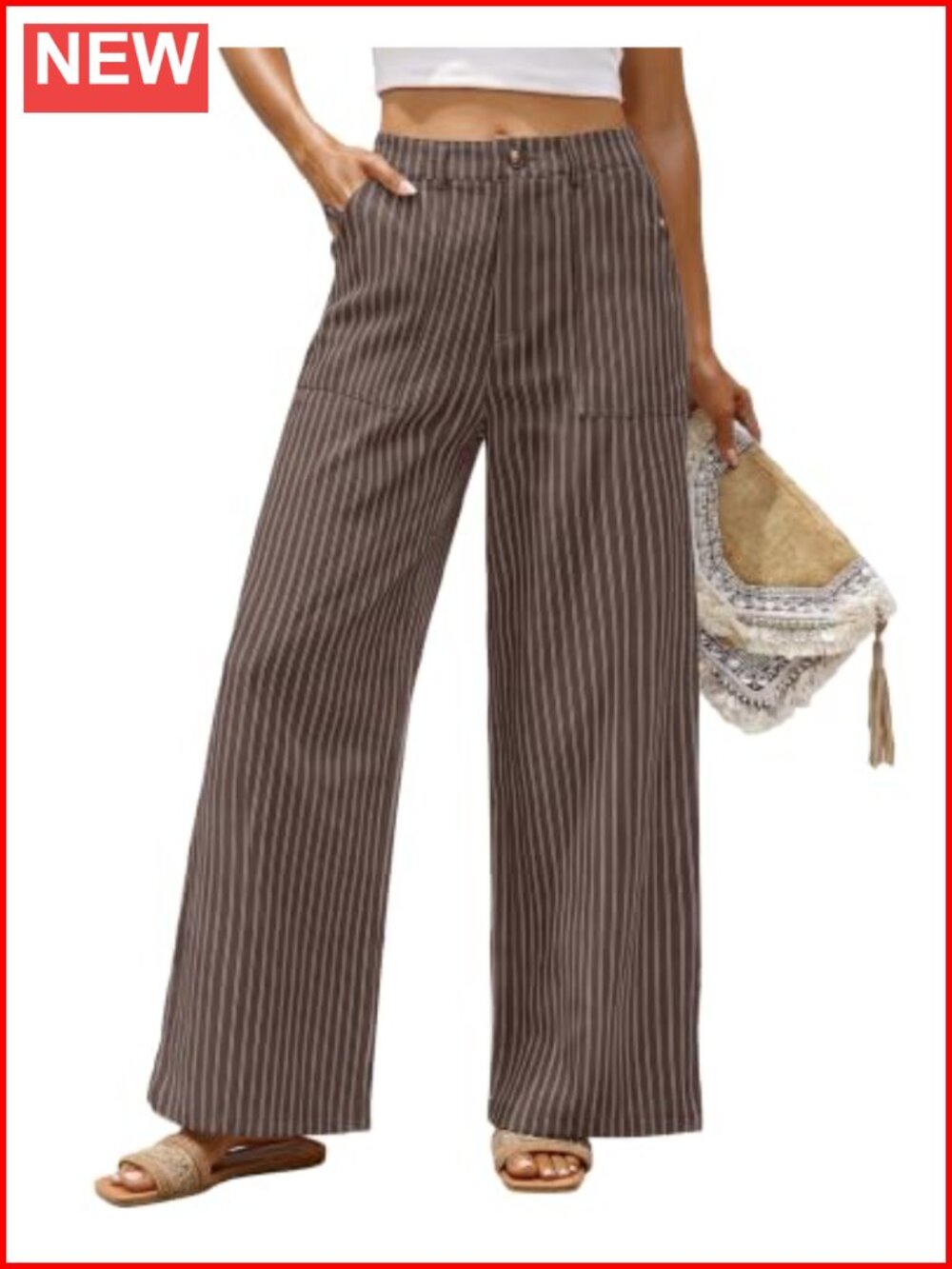 Womens Cotton Linen Wide Leg Pants High Rise Elastic Waist
